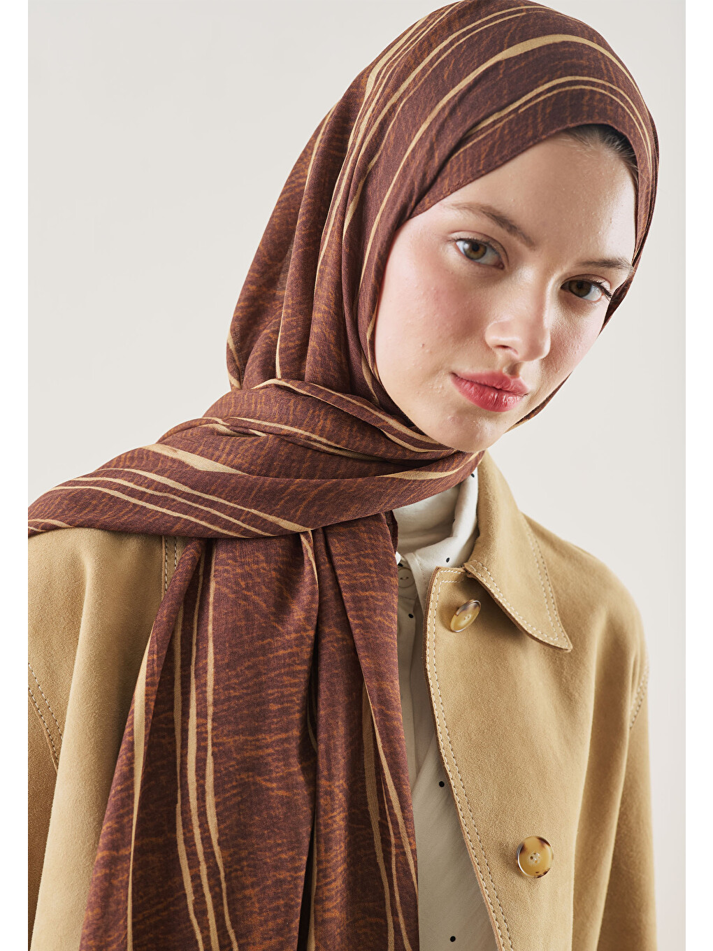Kahverengi Striped Desen Rami Şal Kiremit-3