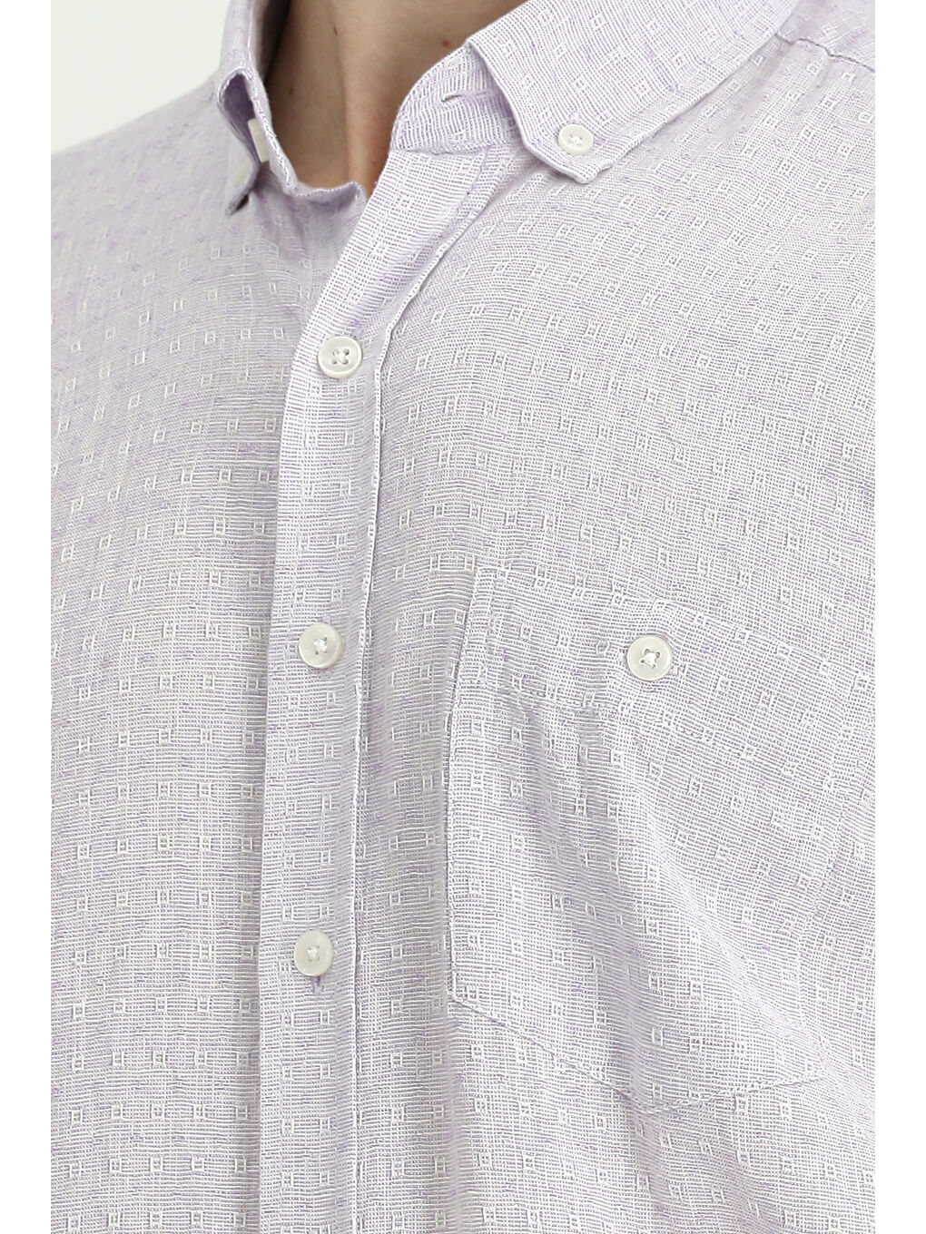 Lila Kısa Kol Regular Fit Desenli Düğmeli Yaka Pamuklu Keten Karışımlı Gömlek-5