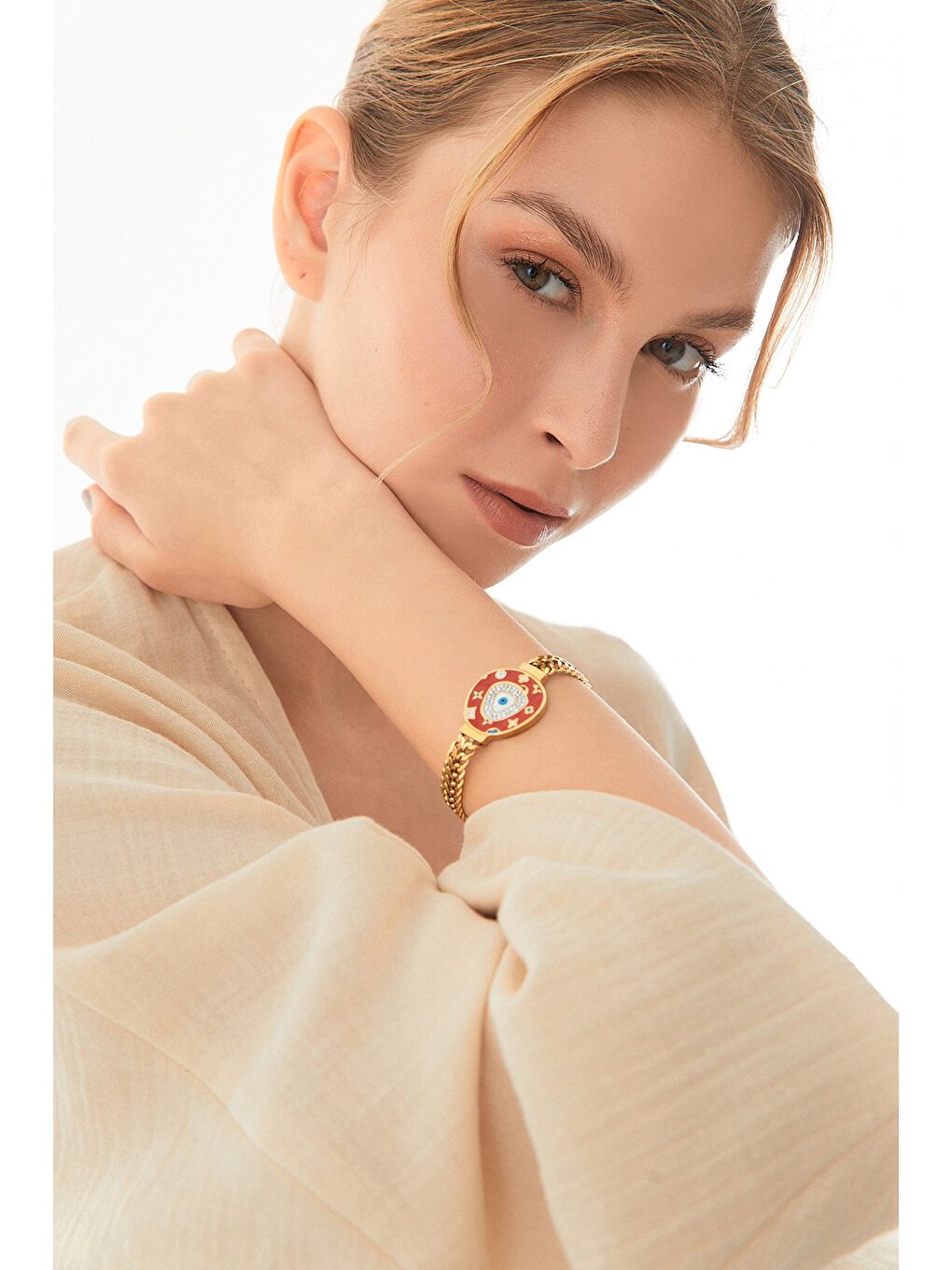 Kırmızı Nazar Boncuklu Çelik Bileklik