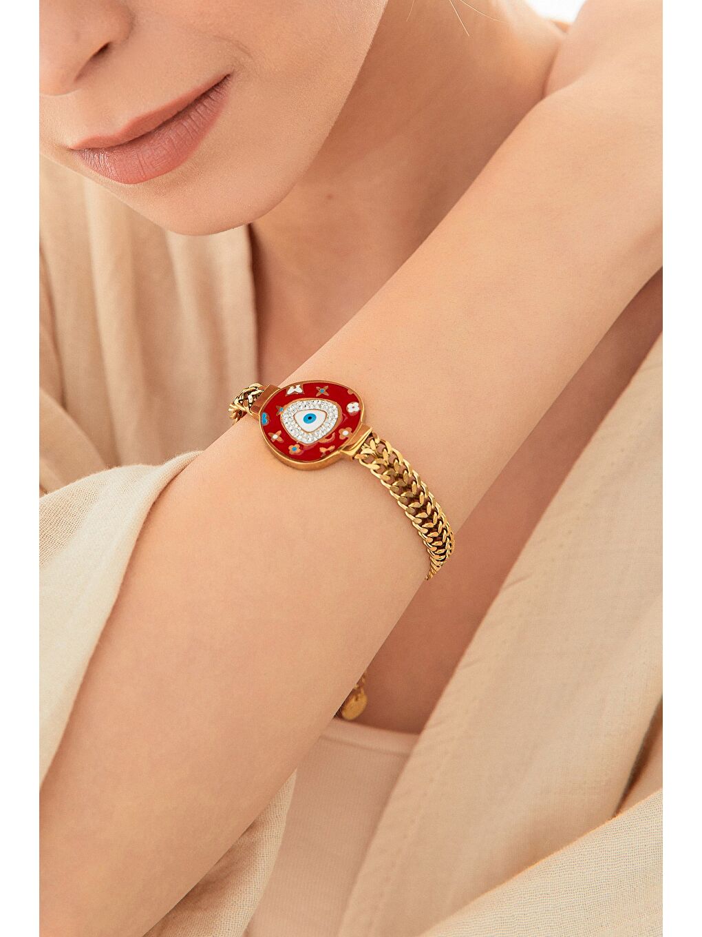 Kırmızı Nazar Boncuklu Çelik Bileklik-1