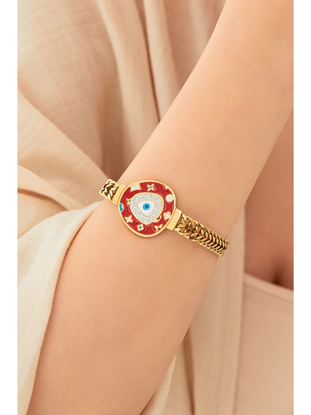 Kırmızı Nazar Boncuklu Çelik Bileklik-3