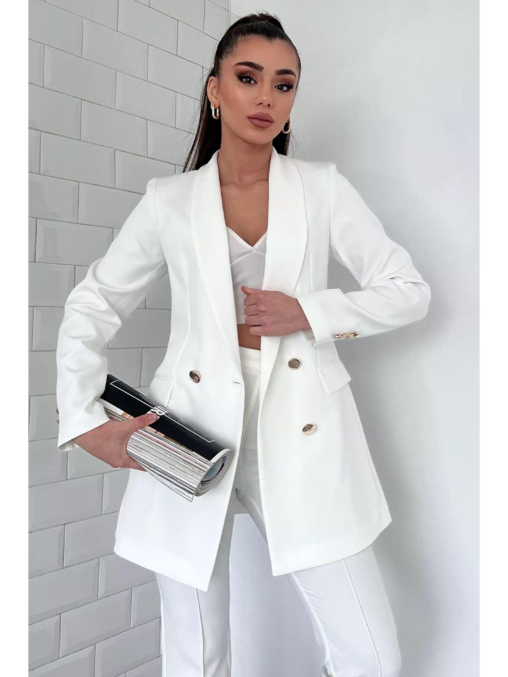 Ekru Kadın Astarlı Blazer Ceket