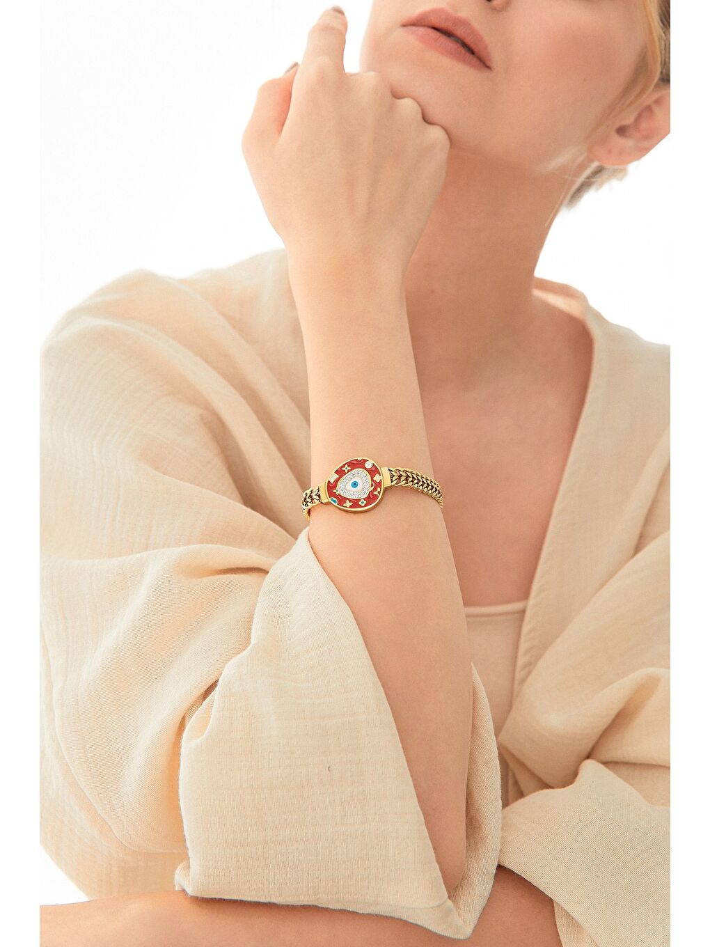 Kırmızı Nazar Boncuklu Çelik Bileklik-4