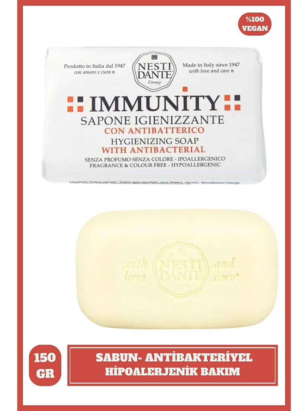 Nesti Dante Renksiz Immunity Hygienizing Antibakteriyel 5.3 Oz Hipoalerjenik Sabun Vegan Bakım 150 Gr