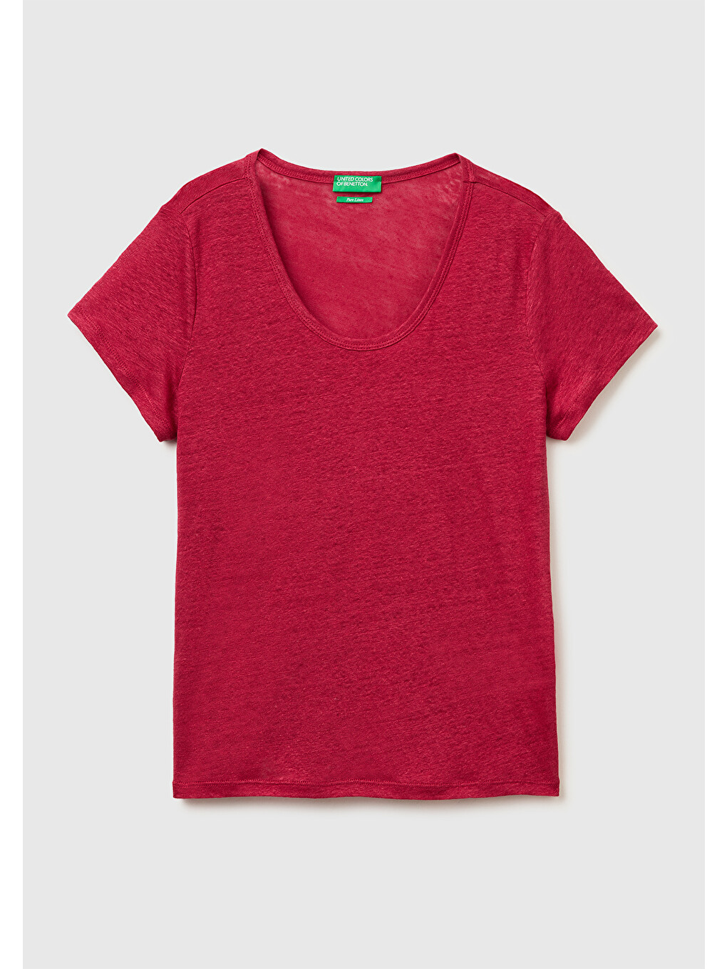 Kadın Fuşya %100 Keten Geniş Yaka Kısa Kollu T-shirt
