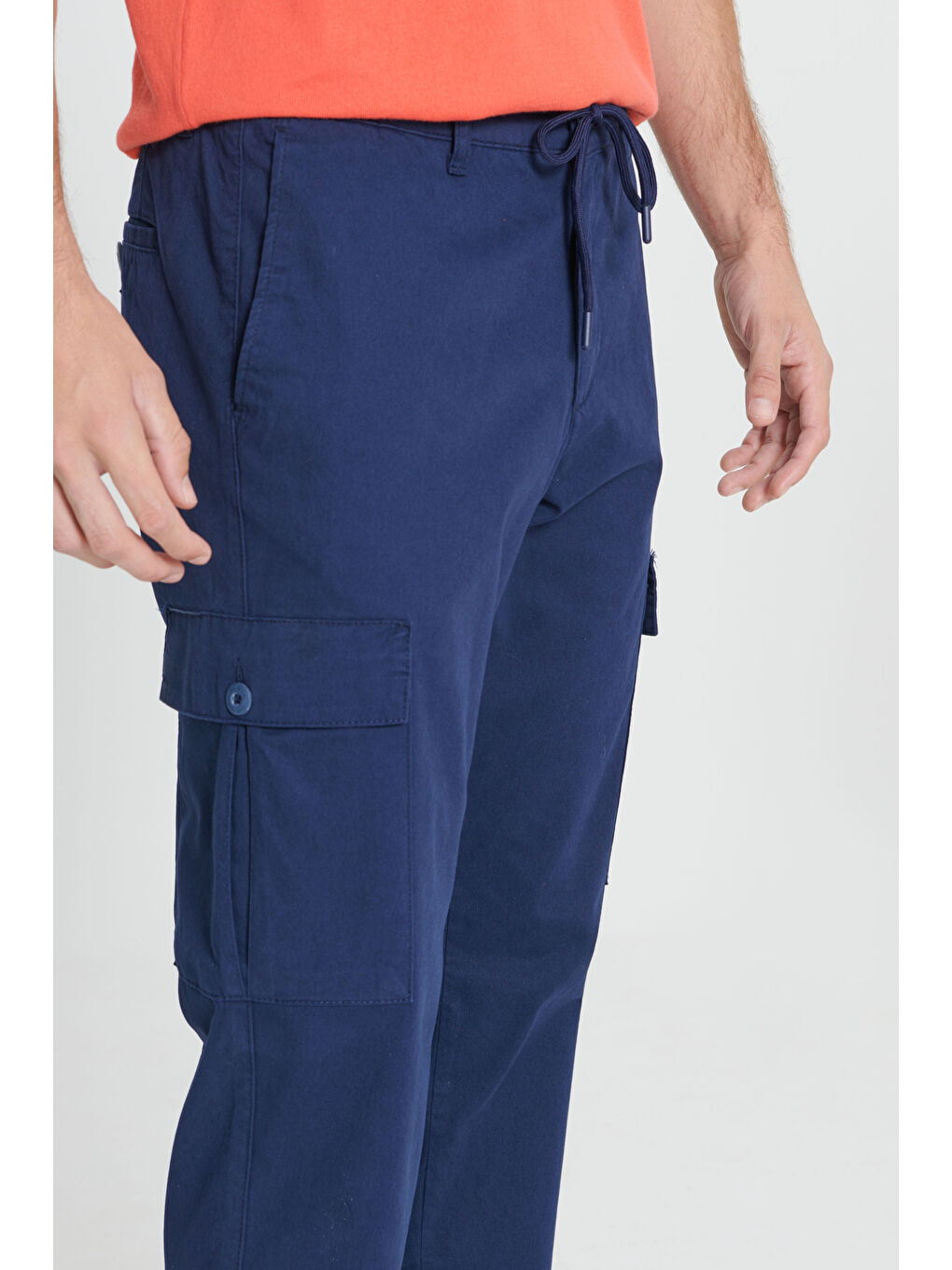 Erkek Lacivert Comfort Fit Rahat Kesim Pamuklu Esnek Yan Cepli Kargo Pantolon-4
