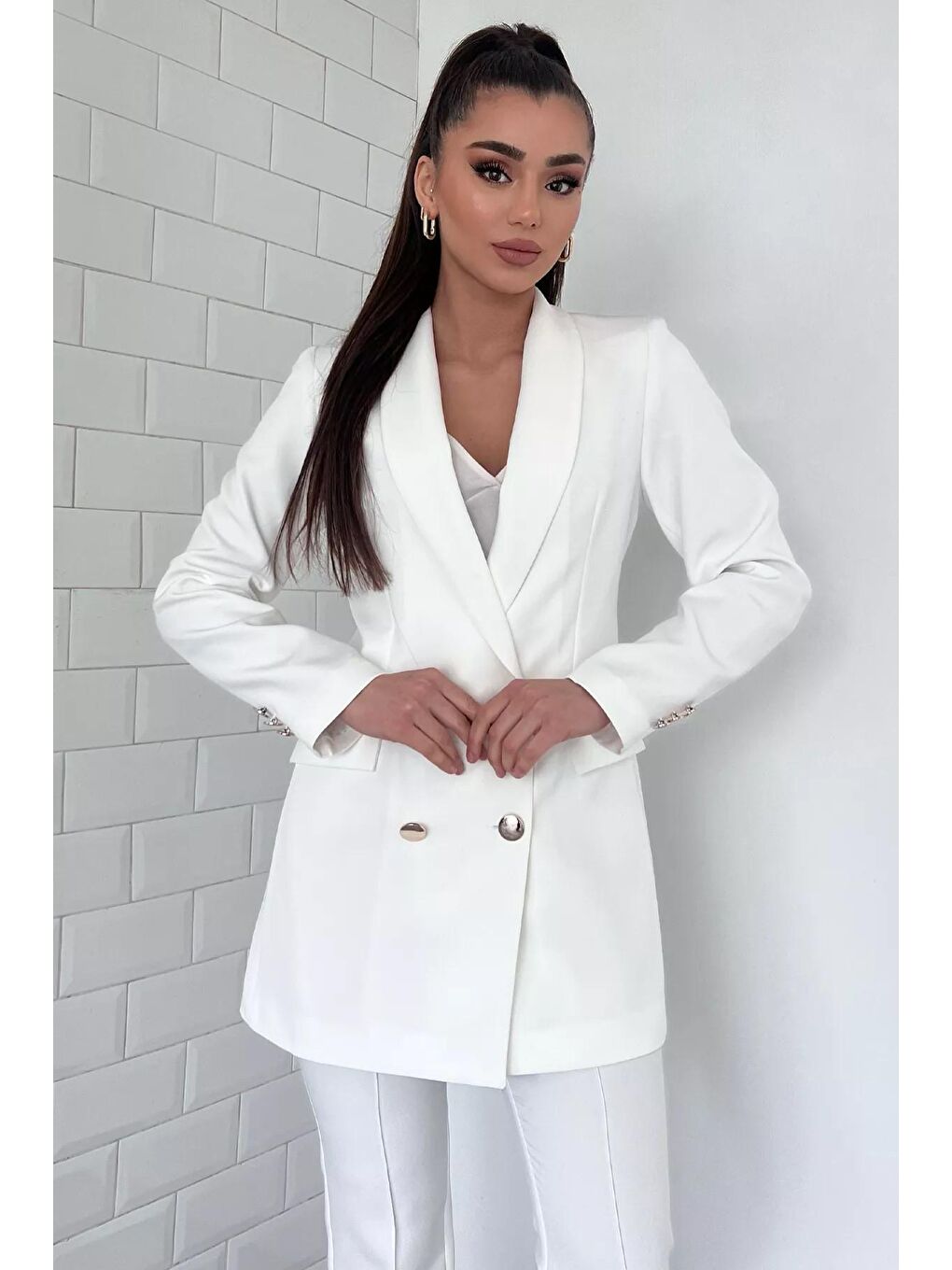 Ekru Kadın Astarlı Blazer Ceket-1