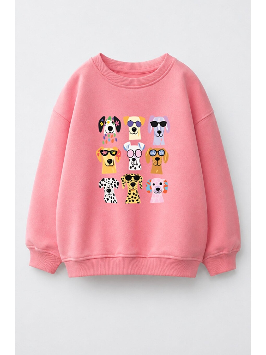 Pembe Kız Çocuk 3 İplik Kumaş Pamuklu Köpek Baskılı Sweatshirt