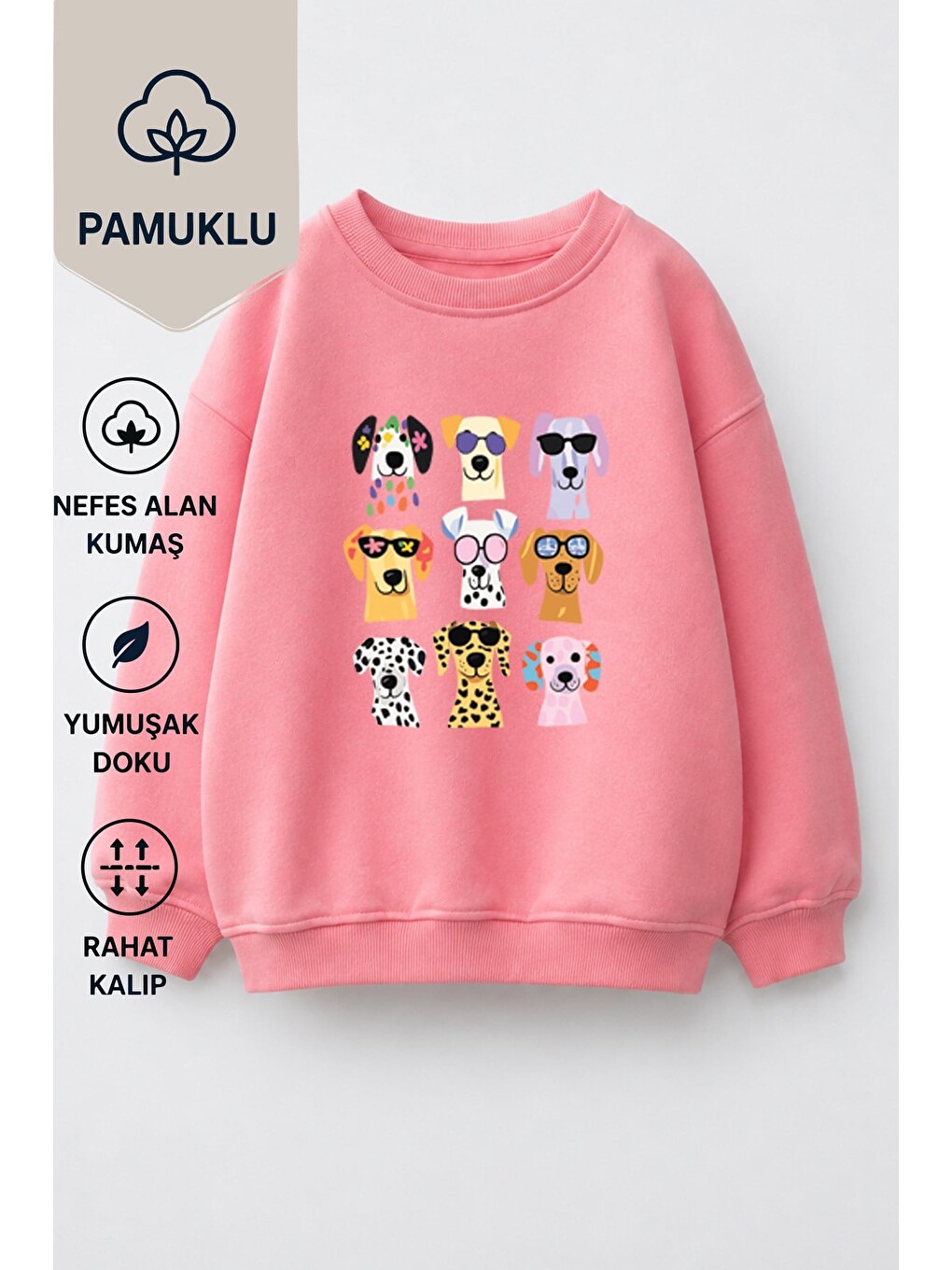 Pembe Kız Çocuk 3 İplik Kumaş Pamuklu Köpek Baskılı Sweatshirt-1