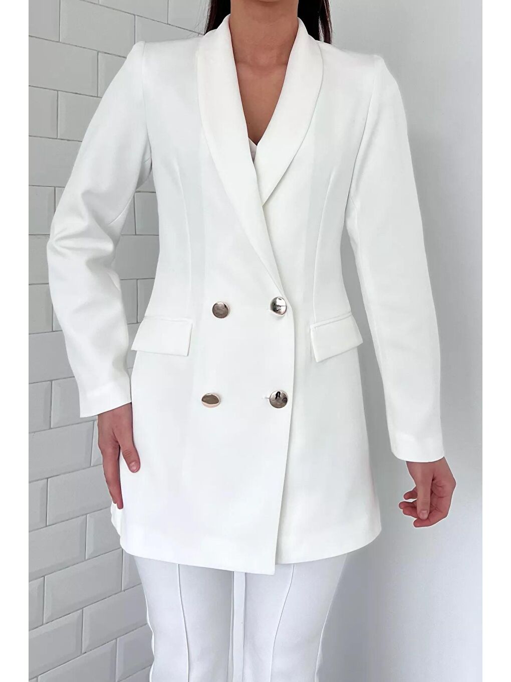 Ekru Kadın Astarlı Blazer Ceket-2