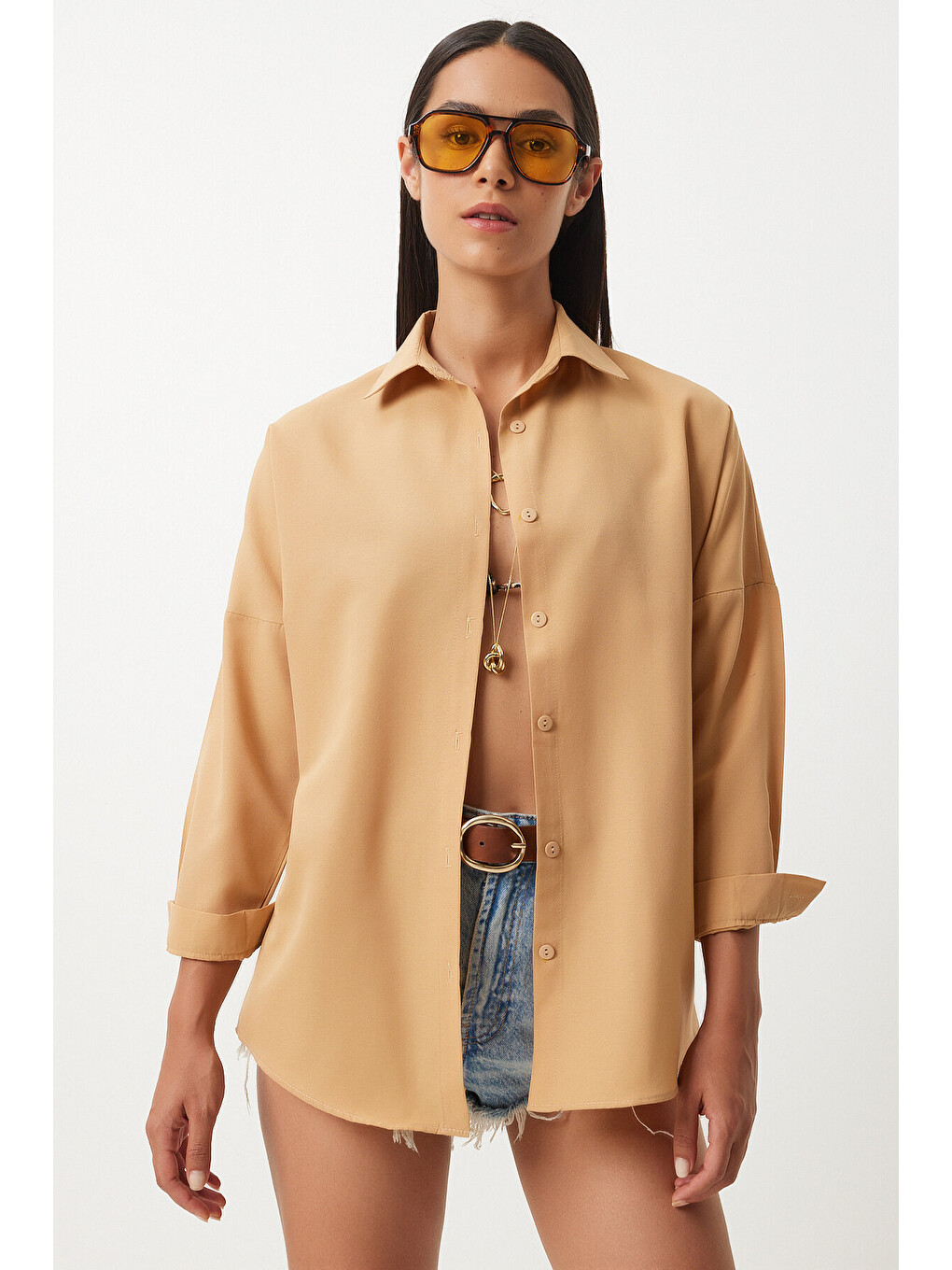 Kahverengi Oversize Basic Gömlek CAMEL LDD0003