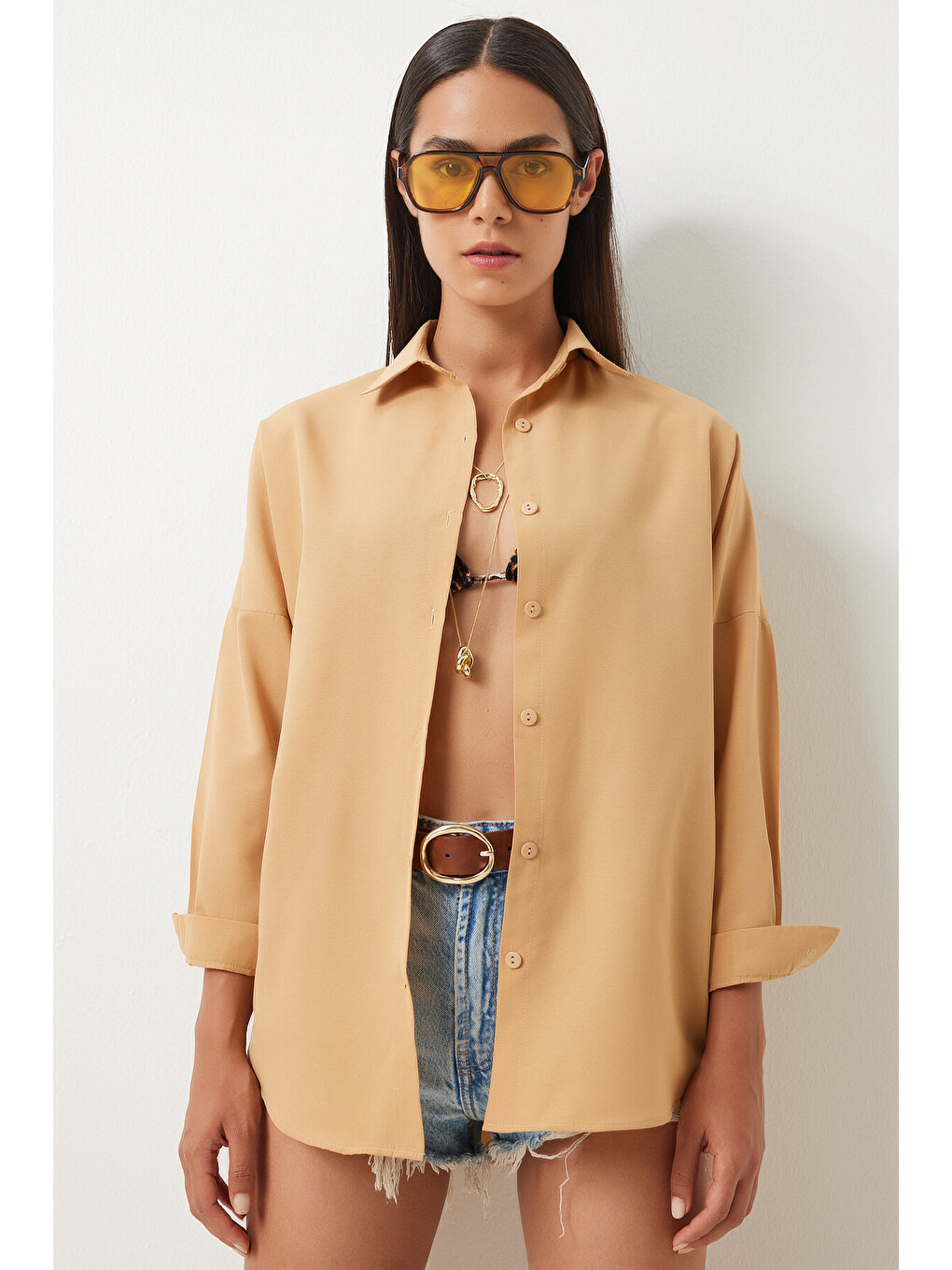 Kahverengi Oversize Basic Gömlek CAMEL LDD0003-1