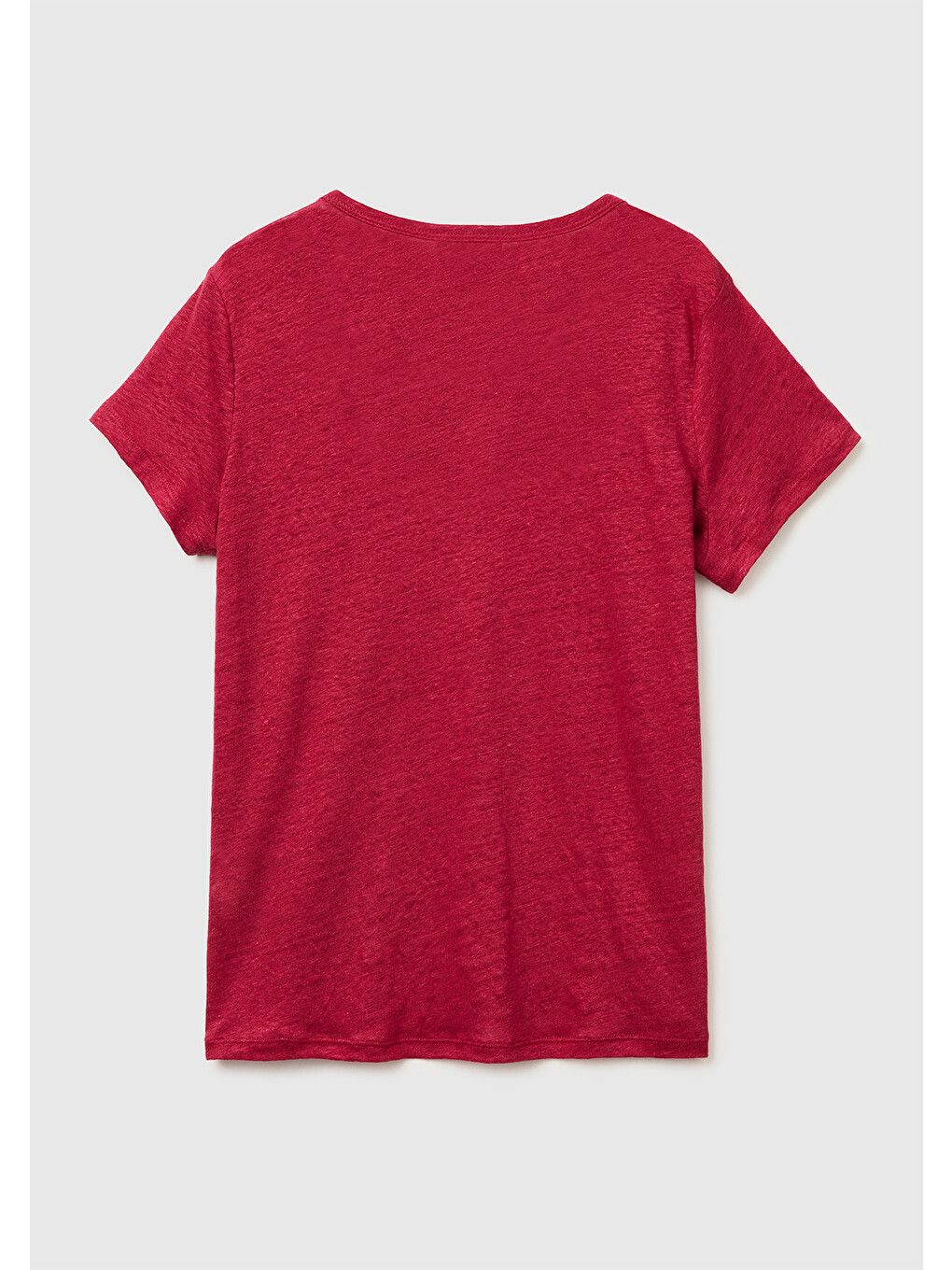 Kadın Fuşya %100 Keten Geniş Yaka Kısa Kollu T-shirt-1