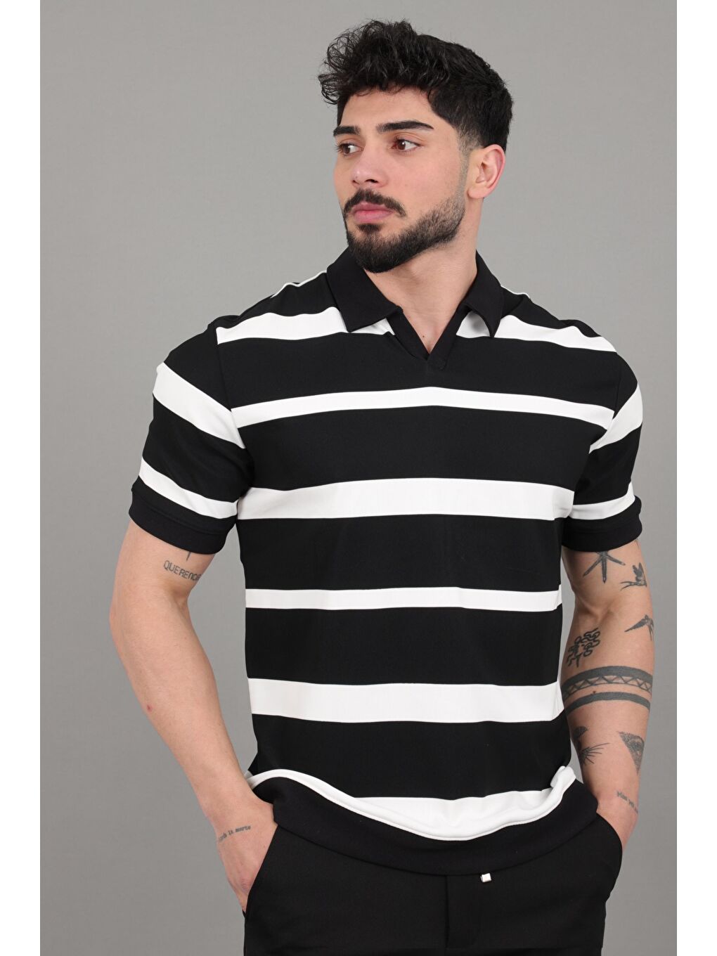 Siyah Çift Renk Çizgili Apaç Yaka Tişört GP 1042_30494