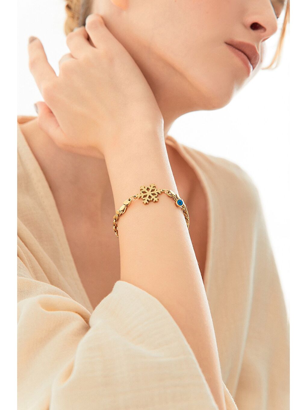 Sarı Kar Taneli Pullu Zincir Çelik Bileklik-2