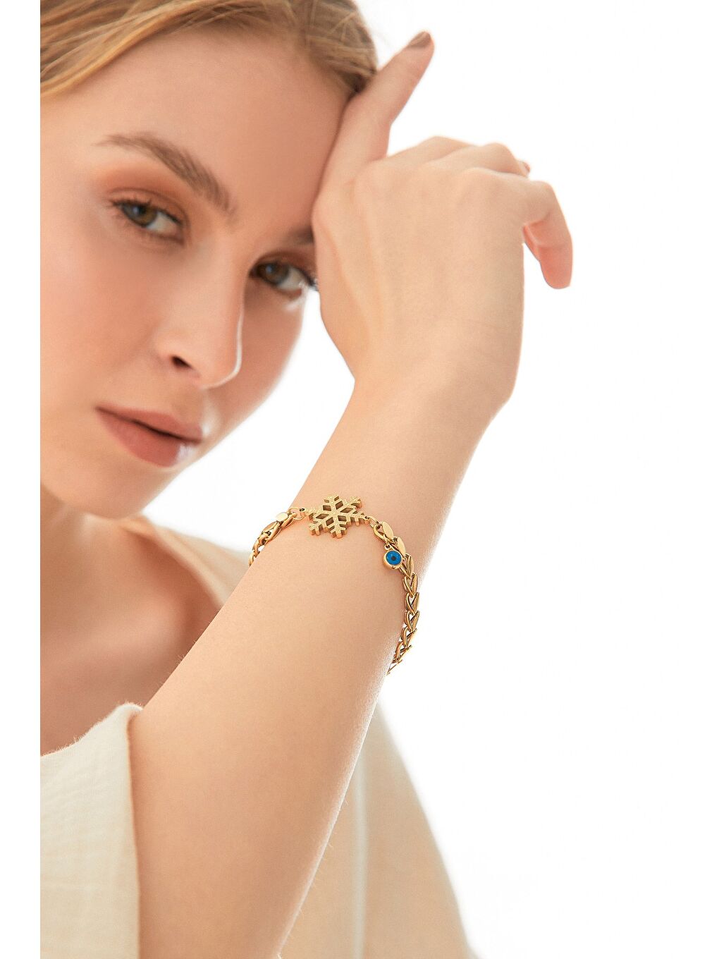 Sarı Kar Taneli Pullu Zincir Çelik Bileklik-3