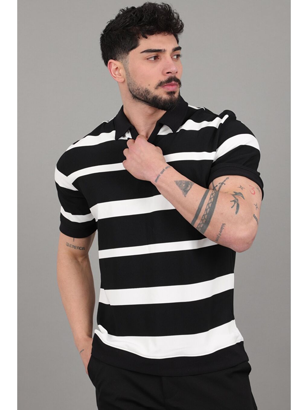 Siyah Çift Renk Çizgili Apaç Yaka Tişört GP 1042_30494-1