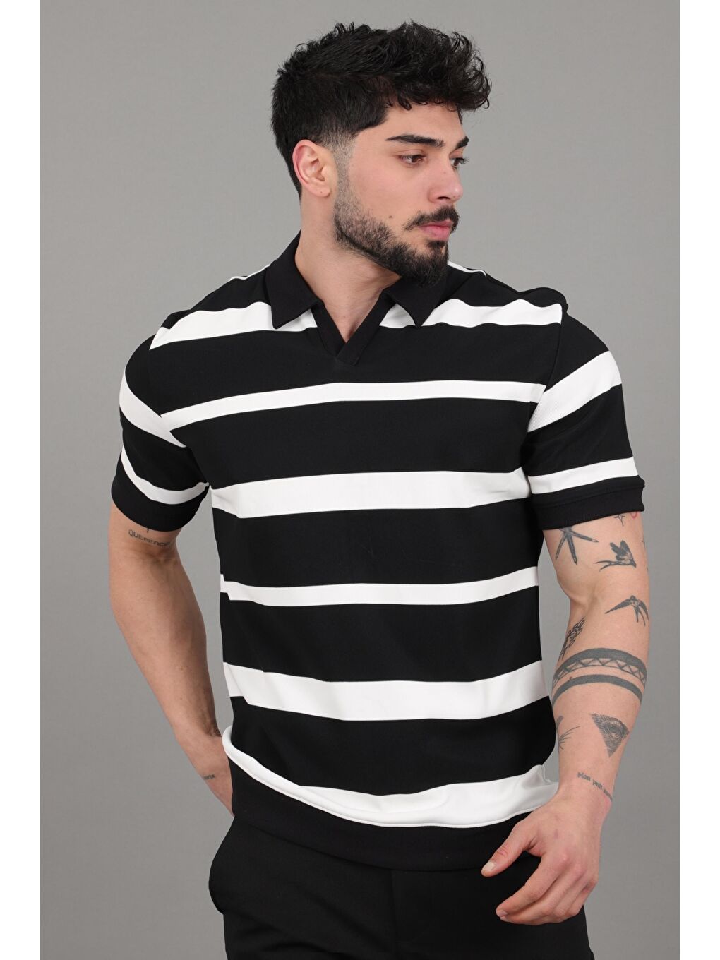 Siyah Çift Renk Çizgili Apaç Yaka Tişört GP 1042_30494-3