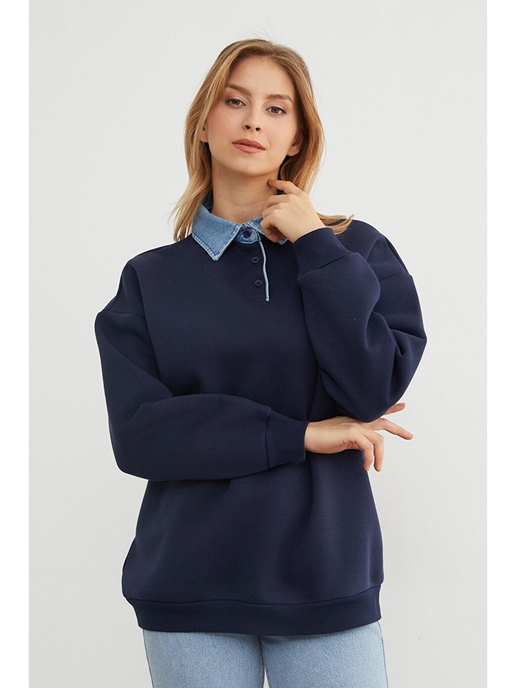 Lacivert 3 İplik Ayıcık Nakışlı Polo Yaka Denim Detaylı Sweatshirt-2