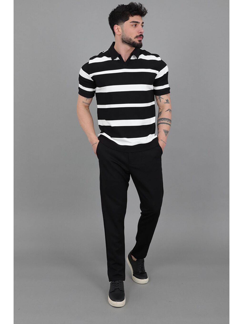 Siyah Çift Renk Çizgili Apaç Yaka Tişört GP 1042_30494-4