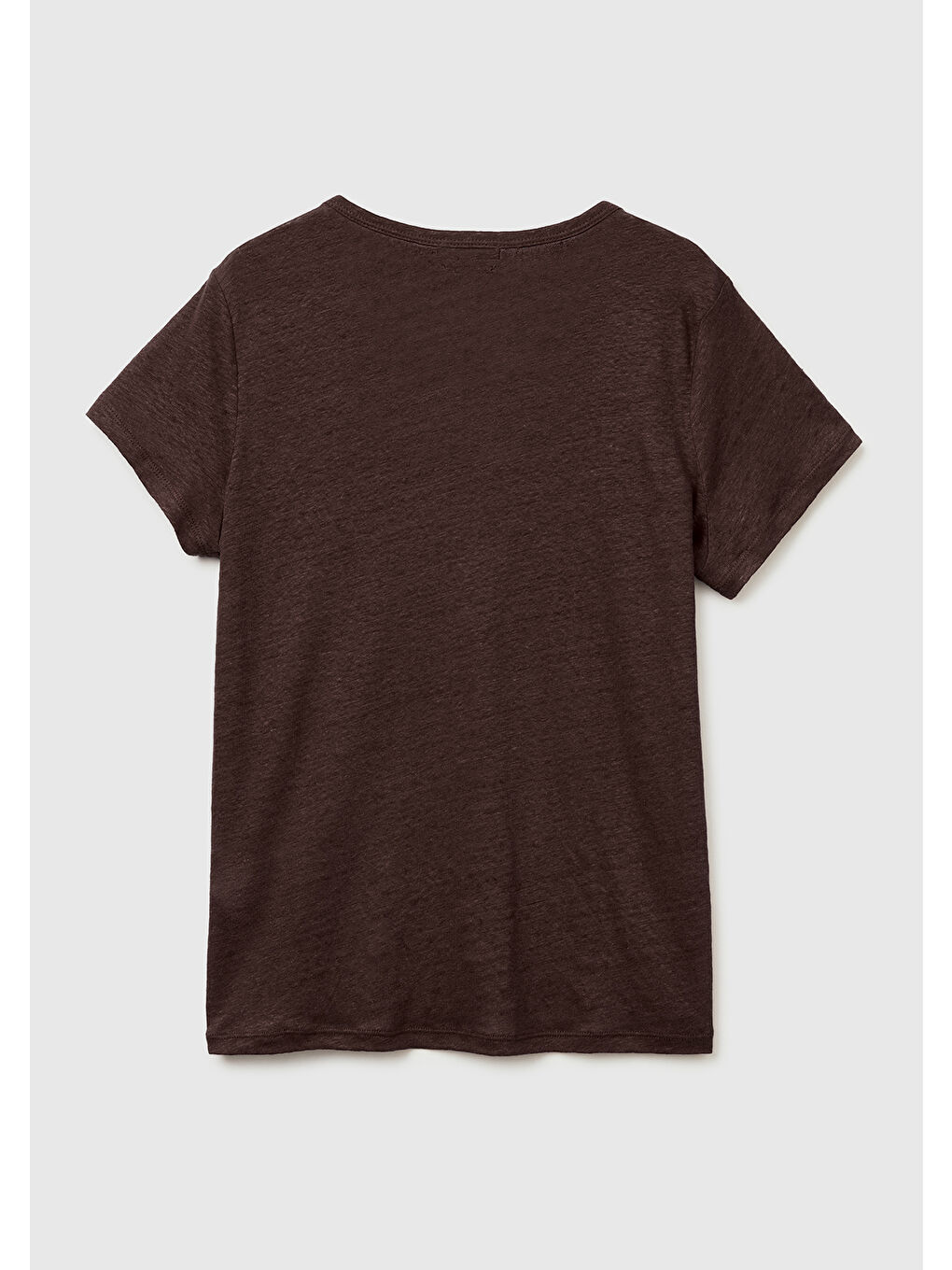 Kadın Kahverengi %100 Keten Geniş Yaka Kısa Kollu T-Shirt-1