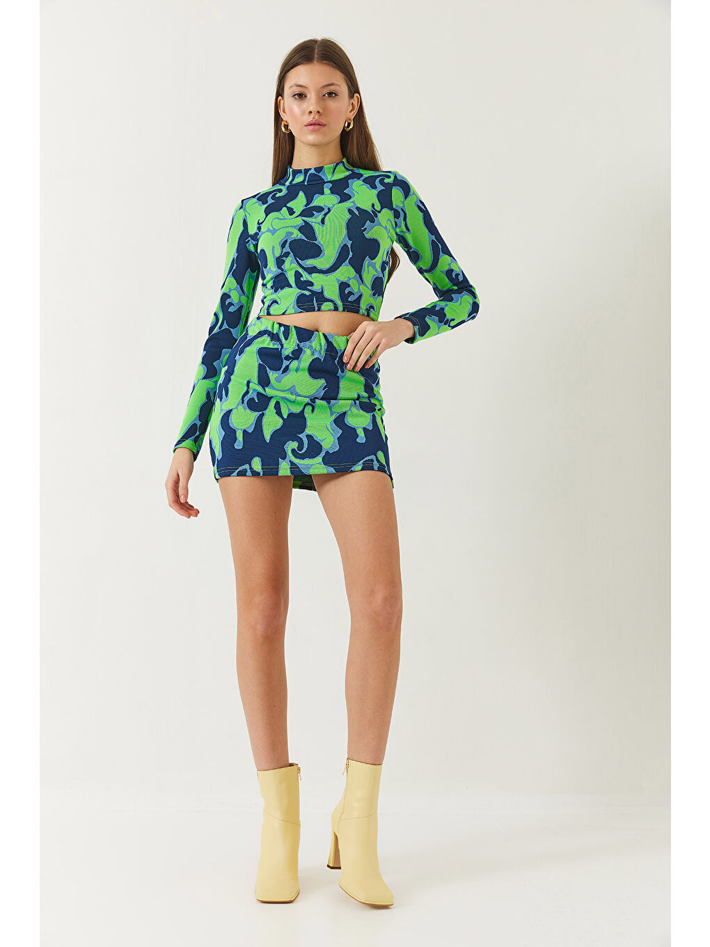 Lacivert Kadın Yarım Balıkçı Yaka Uzun Kollu Crop Mini Etekli Alt-Üst Takım-3