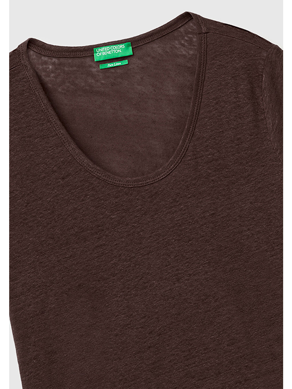 Kadın Kahverengi %100 Keten Geniş Yaka Kısa Kollu T-Shirt-2