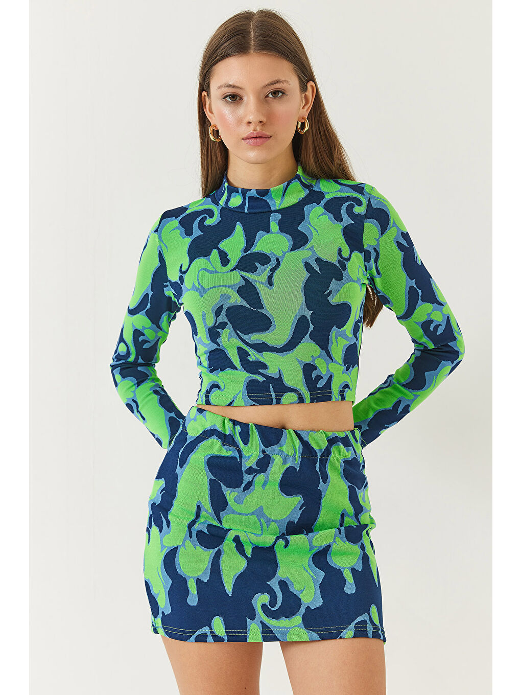 Lacivert Kadın Yarım Balıkçı Yaka Uzun Kollu Crop Mini Etekli Alt-Üst Takım-5