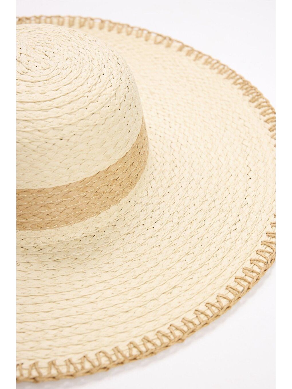 Şerit Detaylı Ekru Hasır Plaj Şapkası 2042-1