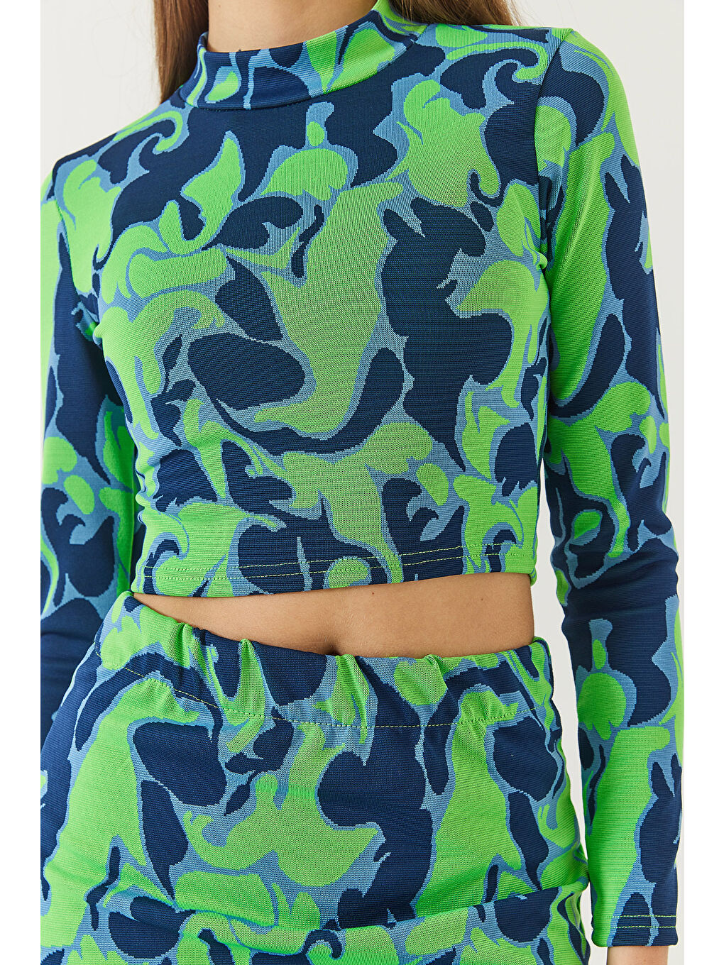 Lacivert Kadın Yarım Balıkçı Yaka Uzun Kollu Crop Mini Etekli Alt-Üst Takım-6