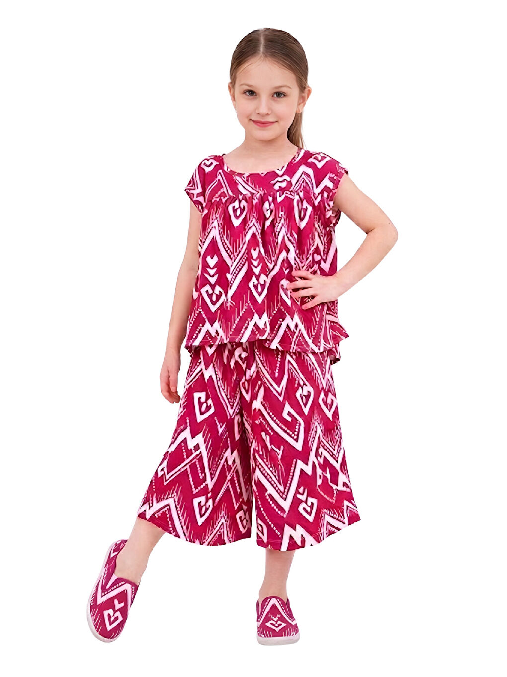 Fuşya Kız Çocuk Geniş Kaprili ve Desen Detaylı Alt-Üst Takım 2-12 Yaş 12578HC-1