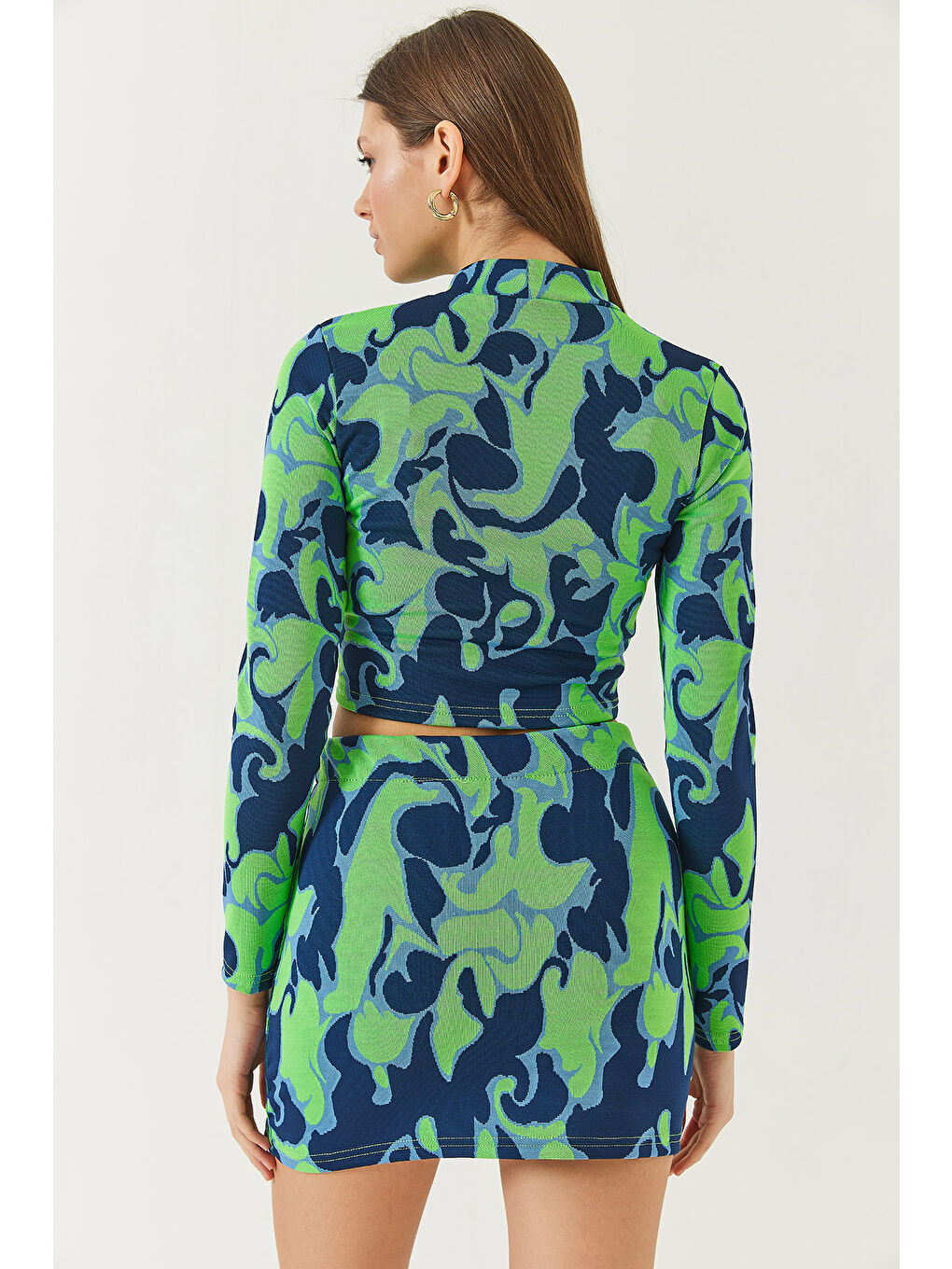 Lacivert Kadın Yarım Balıkçı Yaka Uzun Kollu Crop Mini Etekli Alt-Üst Takım-7