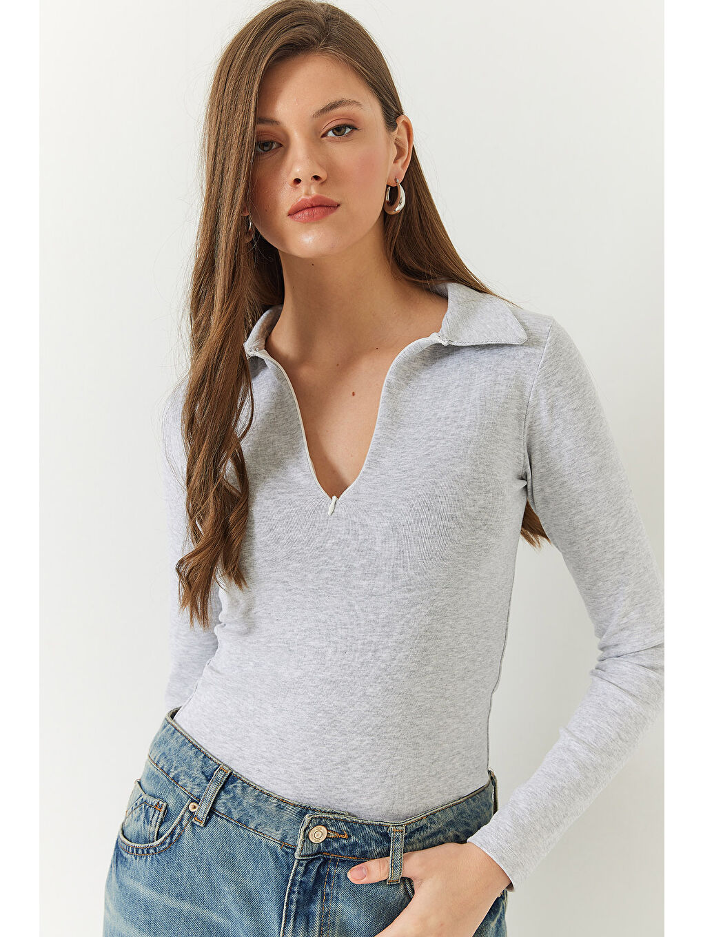 Gri Kadın Polo Yaka Fermuarlı Bluz-2