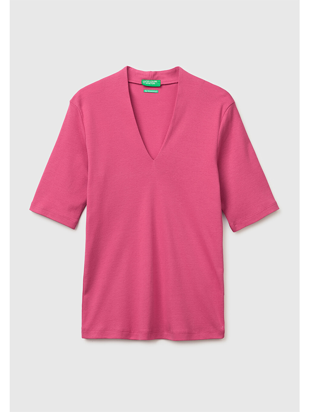Kadın Fuşya %100 Pamuk Yarım Kollu Derin V Yaka T-Shirt
