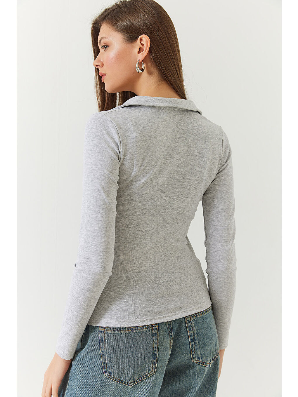 Gri Kadın Polo Yaka Fermuarlı Bluz-4