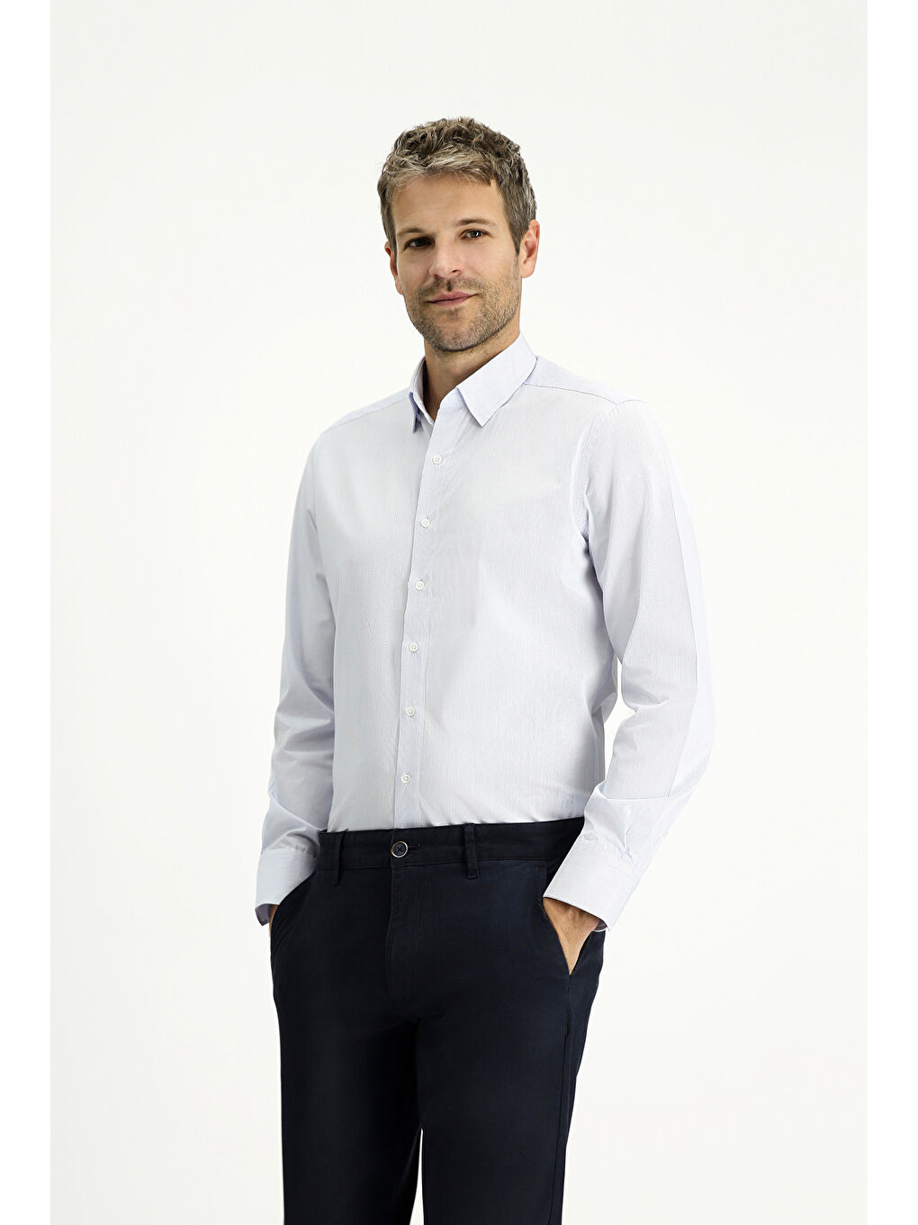 Mavi Uzun Kol Slim Fit Dar Kesim Pamuk Çizgili Klasik Gömlek-1