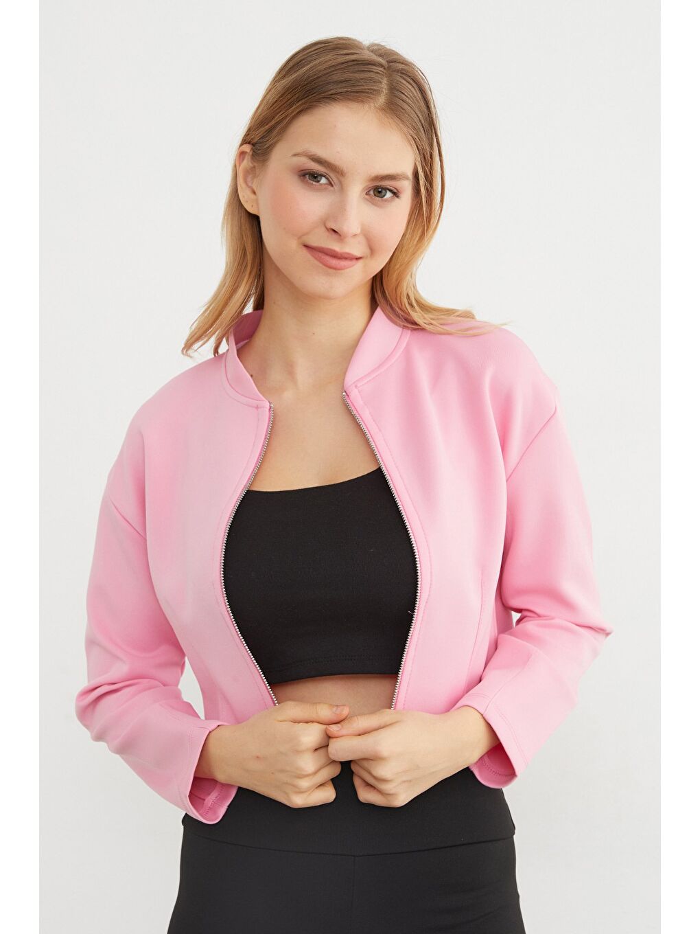 Pembe Fermuarlı Hakim Yaka Crop Spor Ceket-2