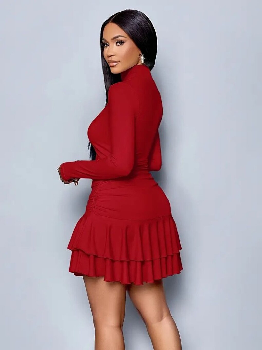 Kırmızı Kadın Uzun Kollu Balıkçı Yaka Mini Fırfırlı Sandy Elbise-4