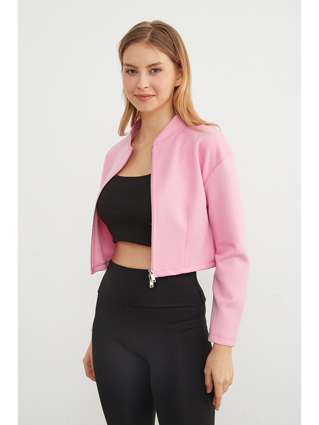 Pembe Fermuarlı Hakim Yaka Crop Spor Ceket-3