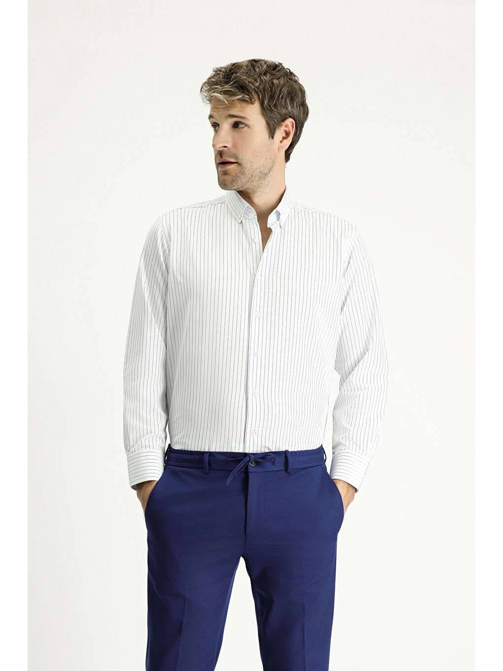 Mavi Uzun Kol Klasik Çizgili Pamuklu Kolay Ütülenebilir Gömlek