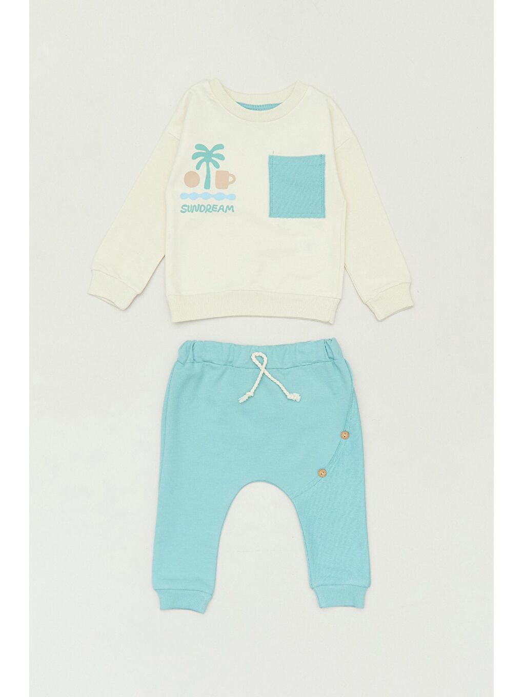 Turkuaz %100 Pamuklu Palmiye Baskılı Cepli Unisex Çocuk Takım