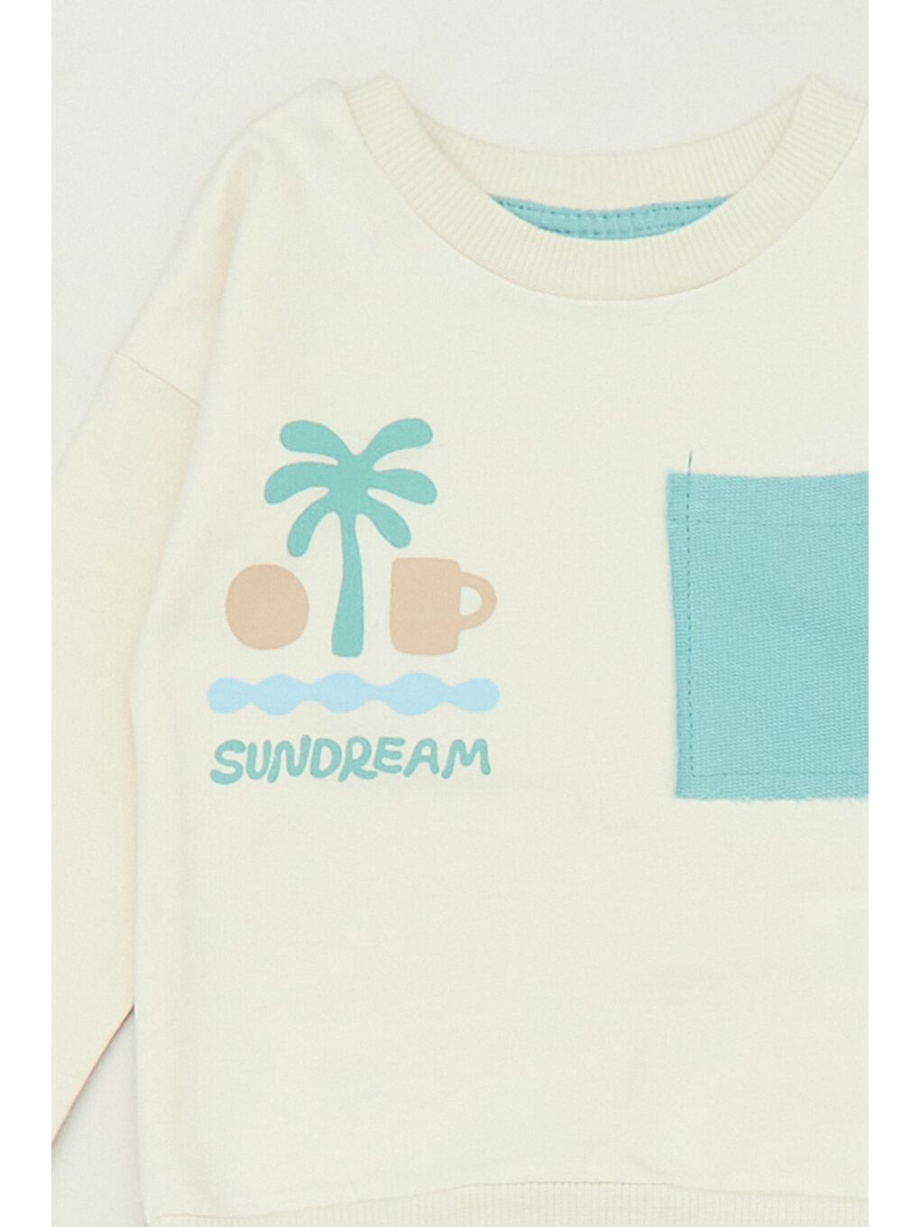 Turkuaz %100 Pamuklu Palmiye Baskılı Cepli Unisex Çocuk Takım-1