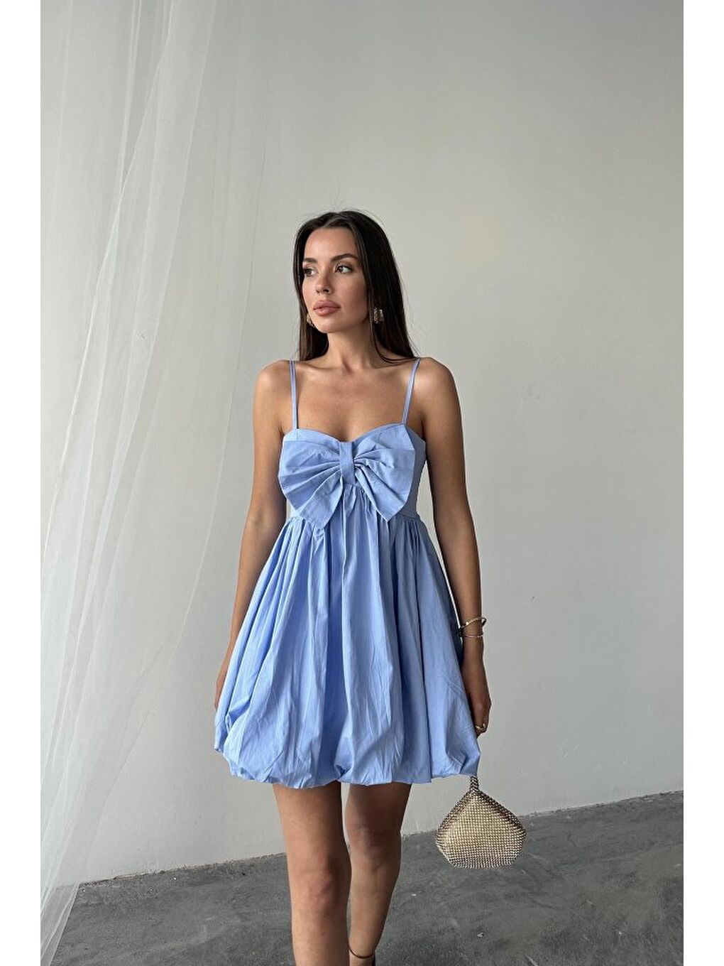 Mavi Önü Fiyonklu Askılı Elbise-1