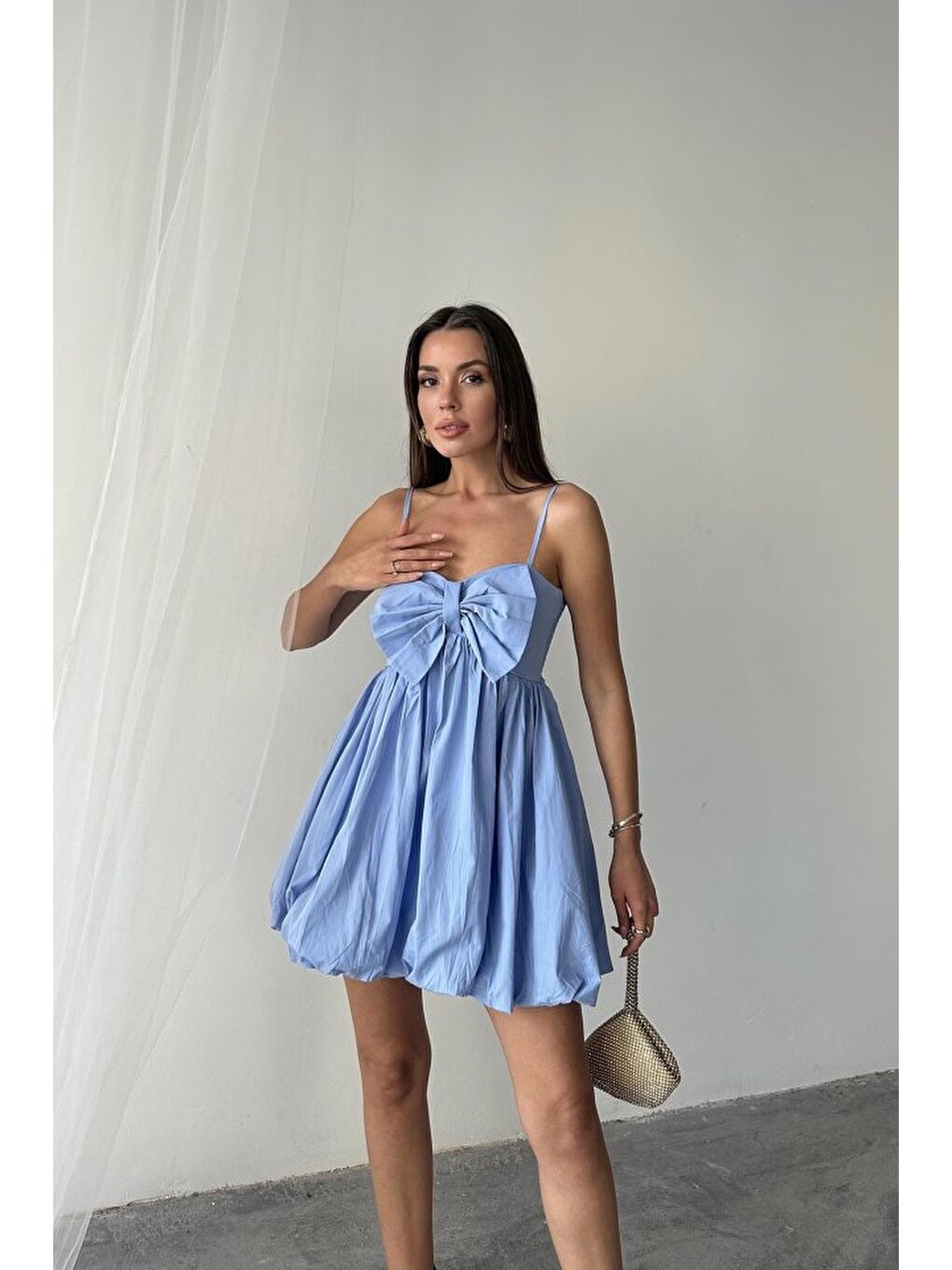 Mavi Önü Fiyonklu Askılı Elbise-2