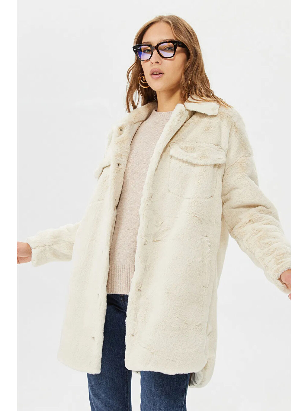 Bej Onlvida Regular Fit Yumuşak Dokulu Düğmeli Kadın Mont 15260048-2