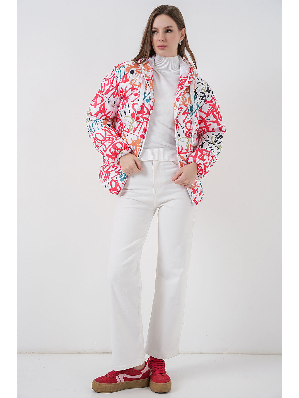 5125 Desenli Şişme Mont - B.Beyaz-1