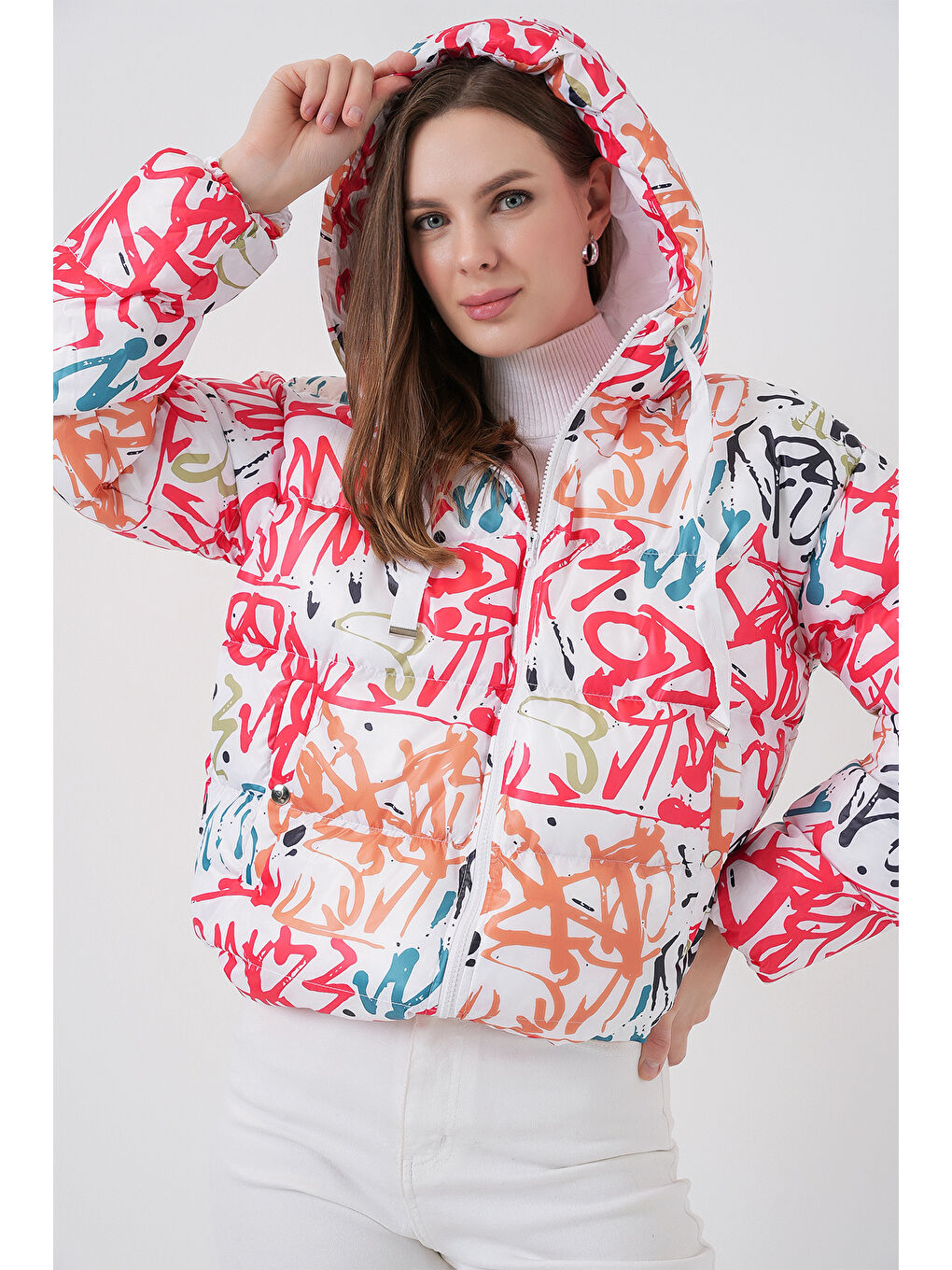 5125 Desenli Şişme Mont - B.Beyaz-2