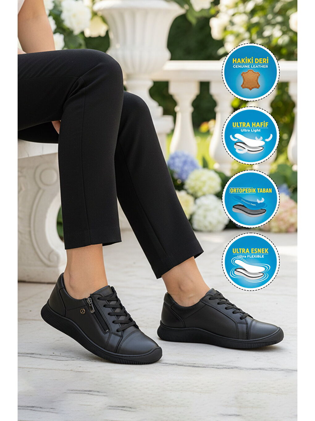 Siyah Hakiki Deri Ortopedik Kadın Casual Ayakkabı 5635 Z-2