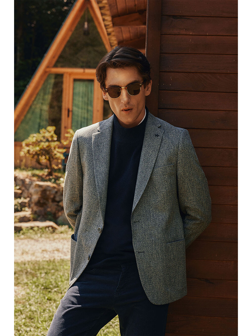 Erkek Antrasit Slim Fit Dar Kesim Mono Yaka Desenli Ceket