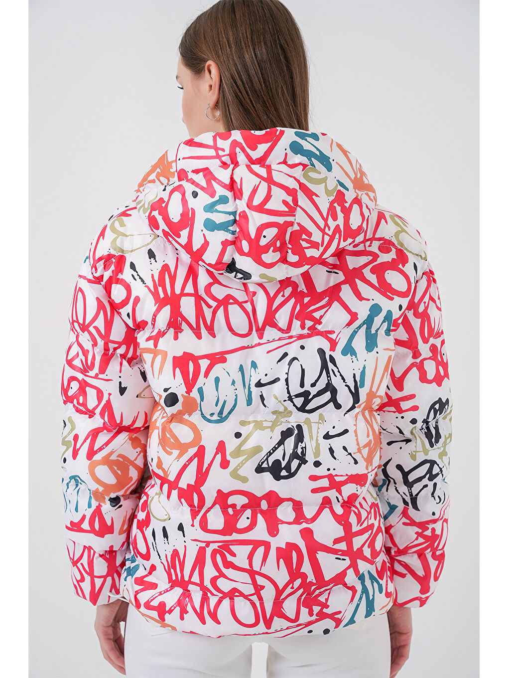 5125 Desenli Şişme Mont - B.Beyaz-5